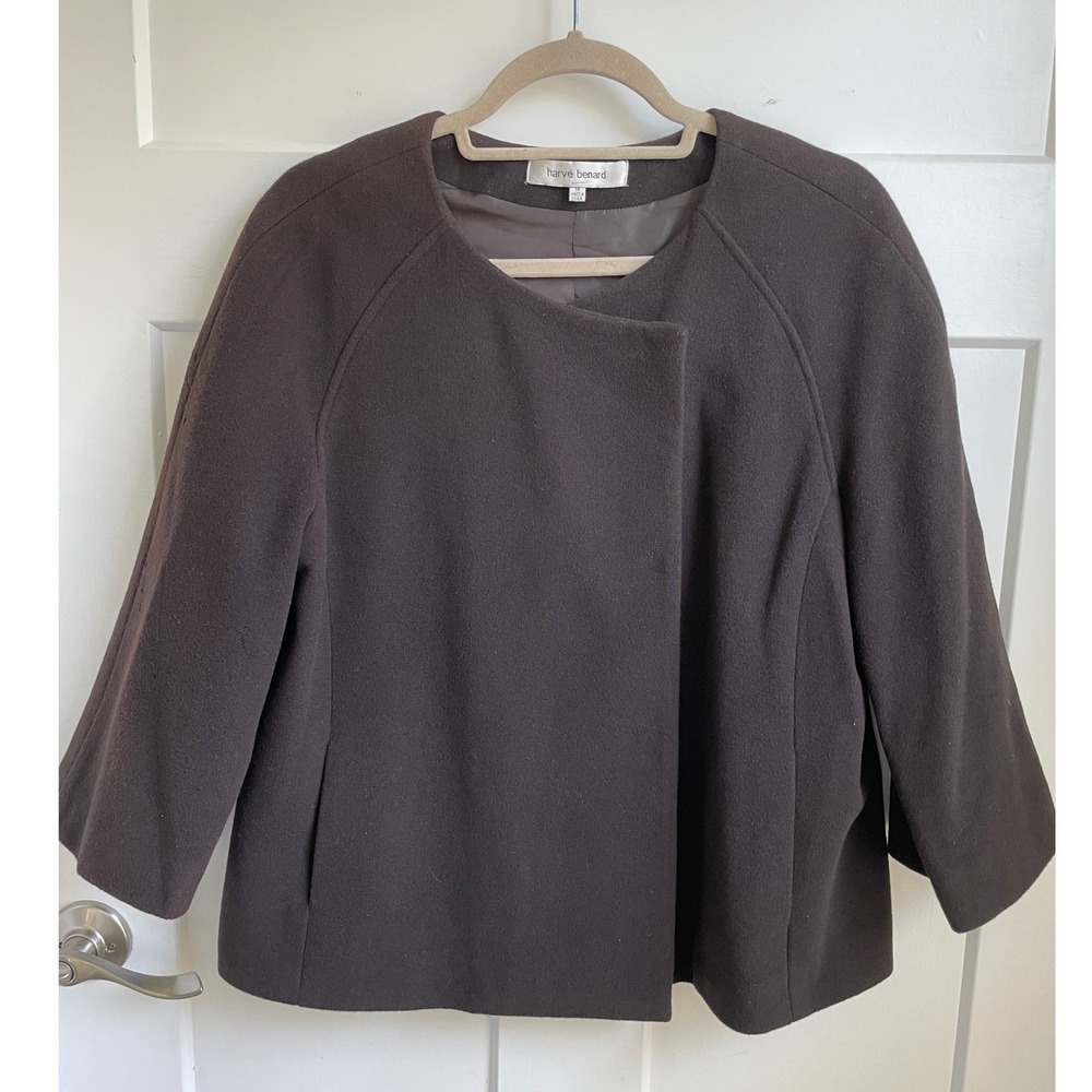 Harve Benard Wool Cropped Swing Coat Dark Brown Collarless Minimalist 14
